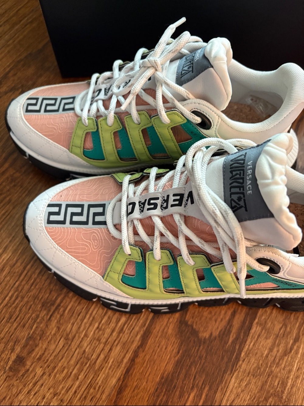 Versace Lime Green Teal Pink Greek Key Sneakers NWT dust bag and box - Picture 7 of 10